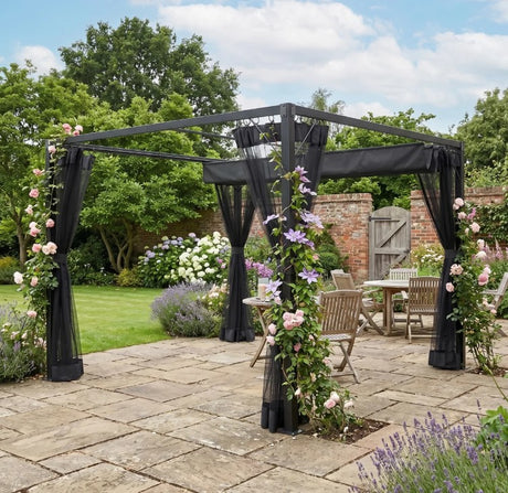 3m x 3m Aluminium Pergola – Dark Grey Retractable Canopy Roof with Mesh Curtains, Outdoor Patio Garden Shelter + Ground Fixings