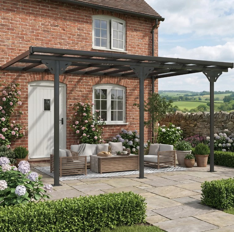 4.35m x 3m Wall Mounted Pergola with Retractable Canopy, Aluminium Frame & Polycarbonate Roof – Grey Patio Cover