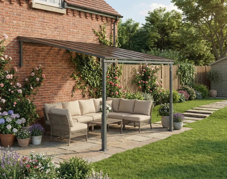 3.4m x 3m Wall-Mounted Lean-To Pergola with Polycarbonate Hardtop Roof – Heavy Duty Aluminium Garden Gazebo, Weather-Resistant Patio & BBQ Shelter, Modern Brown
