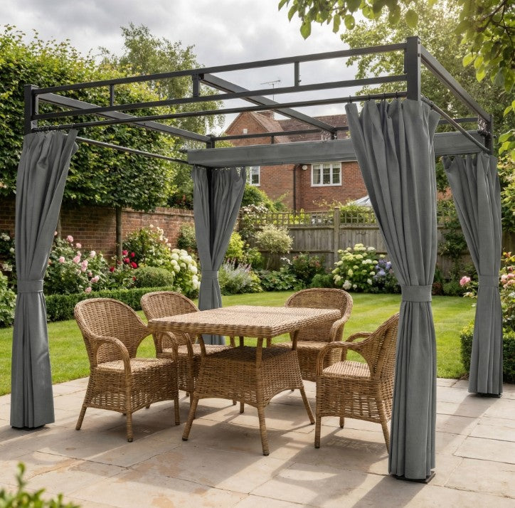 3m x 3m Pergola with Retractable Roof Canopy – UPF30+ Garden Gazebo with Curtains, Heavy-Duty Metal Frame Outdoor Sun Shade in Dark Grey