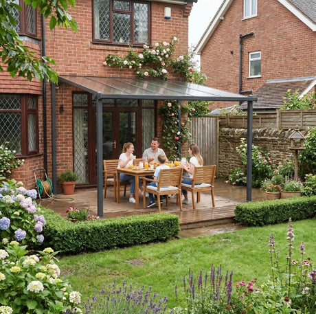 3.6m x 3m Lean-To Metal Pergola with Polycarbonate Hardtop Roof & Drainage Gutters – Aluminium Wall-Mounted Gazebo Patio Cover, Modern Outdoor Shelter, Dark Grey