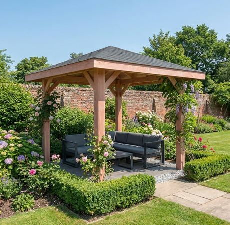 Planed Larch 4-Pitch Gazebo with Katepal Grey Shingle Roof