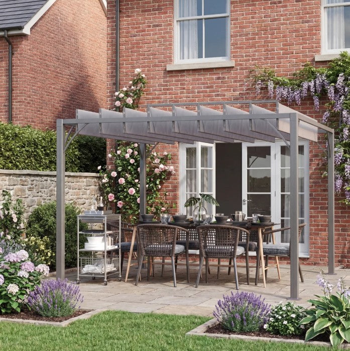 3m x 3m Heavy Duty Aluminium Pergola – Grey Retractable Roof Patio Shelter, Hardtop Style Outdoor Shade Cover