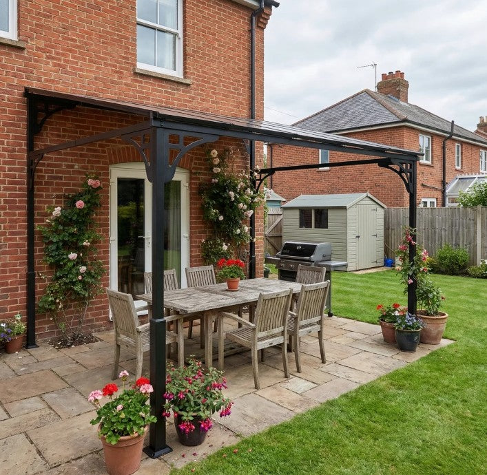 3m x 2.87m Lean-To Pergola with Polycarbonate Roof – Wall-Mounted Hardtop Garden Canopy, Durable Aluminium & Metal Frame Outdoor Patio Cover