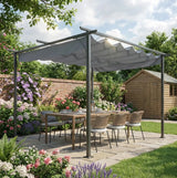 3.5m x 3.5m Grey Metal Pergola Gazebo with Retractable Canopy – Outdoor Garden Sun Shade Shelter