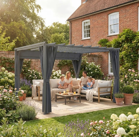 3.6x3m Aluminium Garden Pergola Gazebo with Retractable Roof Canopy & Curtains – Modern Outdoor Sun Shade Shelter, Weather-Resistant Patio Cover, Dark Grey
