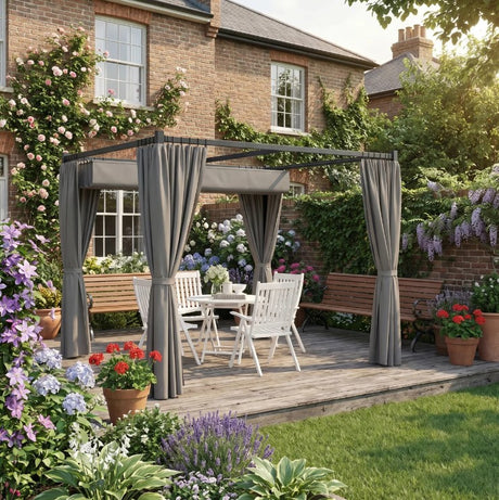 3m x 3m Pergola Canopy with Grey Curtains – Includes 8 Expansion Screws, Outdoor Patio Shade Shelter