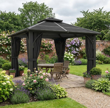 2.5m x 2.5m Hardtop Gazebo with 7mm Polycarbonate Roof – Permanent Garden Pavilion with Curtains & Mosquito Netting, Weatherproof Outdoor Canopy in Dark Grey