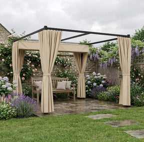 3m x 3m Retractable Metal Pergola Gazebo with Curtains – Outdoor Patio & Deck Shelter, Adjustable Canopy Shade for BBQ & Grill Area, Beige