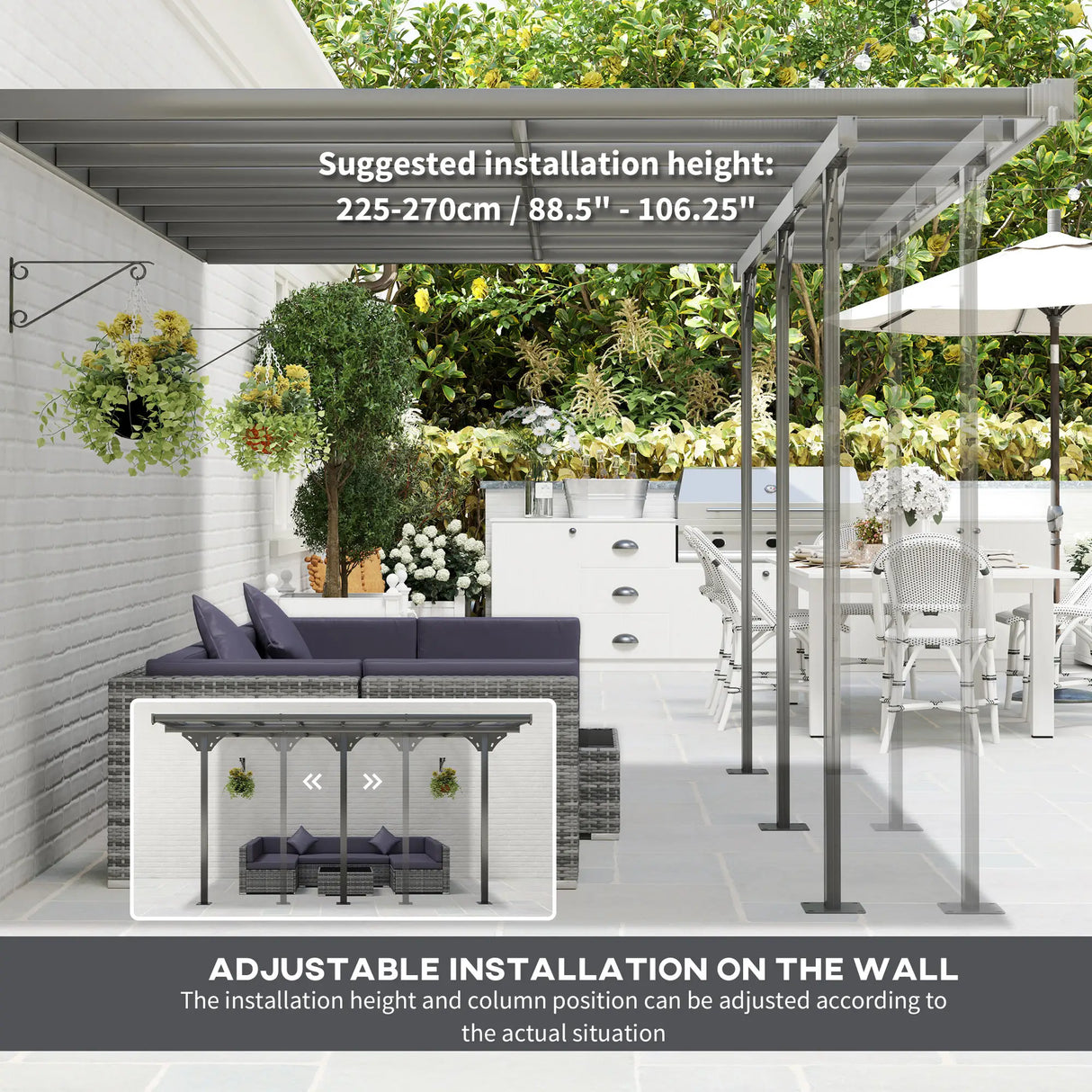 4.35m x 3m Wall Mounted Pergola with Retractable Canopy, Aluminium Frame & Polycarbonate Roof – Grey Patio Cover