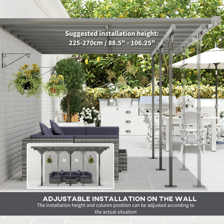 4.35m x 3m Wall Mounted Pergola with Retractable Canopy, Aluminium Frame & Polycarbonate Roof – Grey Patio Cover