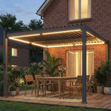 3x3m Black Louvered Pergola with Solar LED Lighting, Waterproof Metal Roof & Built-In Drainage System for Garden Patio