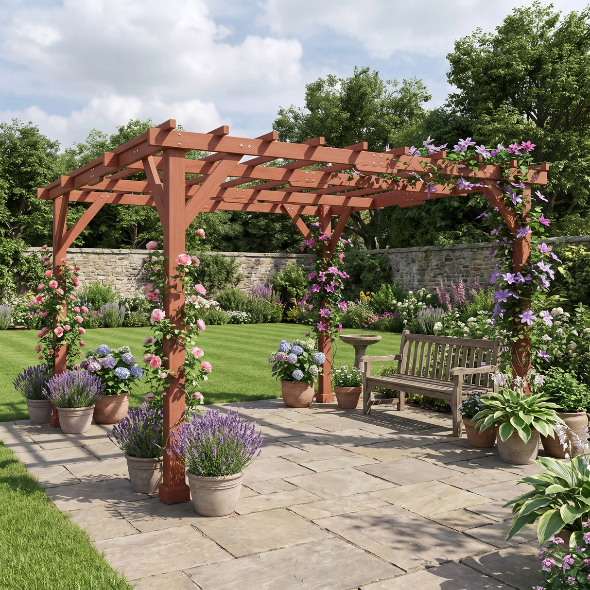 3.6m x 3m Wooden Pergola Kit - Maple Wood-Effect Garden Pergola with Grape Trellis Roof and Triangle Supports