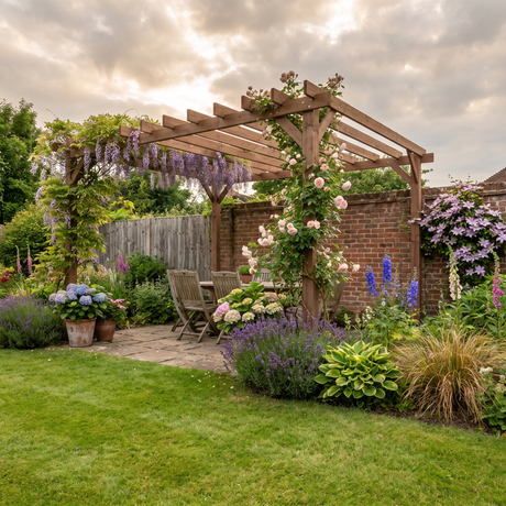 3.6m x 3m Wooden Pergola Kit - Maple Wood-Effect Garden Pergola with Grape Trellis Roof and Triangle Supports