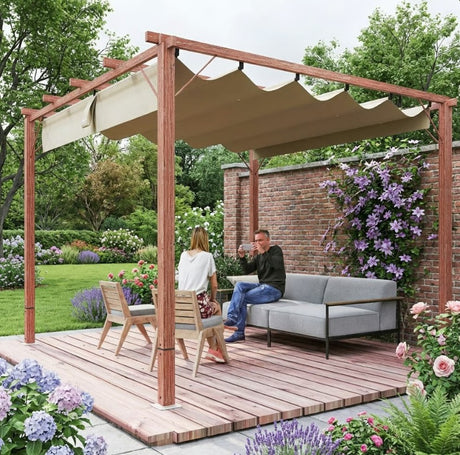 3m x 3m Aluminium Pergola – Retractable Canopy Roof, Wood Effect