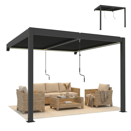 3x3m Wall Mounted Louvered Pergola with LED Lights, Aluminium Frame & Adjustable Metal Roof – Dark Grey Patio Gazebo