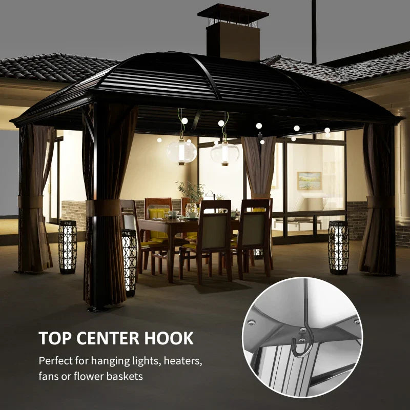 3 x 4m Hardtop Gazebo Canopy - Brown Aluminium Pavilion with Metal Roof, Netting & Curtains