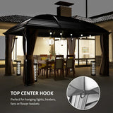 3 x 4m Hardtop Gazebo Canopy - Brown Aluminium Pavilion with Metal Roof, Netting & Curtains