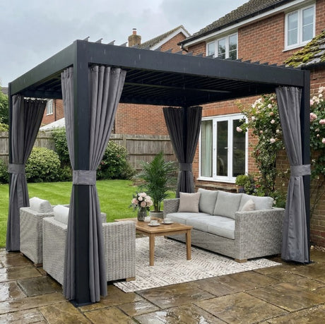 3m x 3m Louvered Pergola with Adjustable Metal Roof – Aluminium Patio Gazebo with Curtains & Netting, Modern Outdoor Garden Shelter in Dark Grey