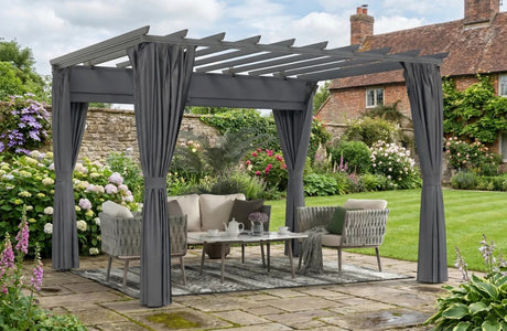 3.6x3m Aluminium Garden Pergola Gazebo with Retractable Roof Canopy & Curtains – Modern Outdoor Sun Shade Shelter, Weather-Resistant Patio Cover, Dark Grey