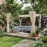 3m x 3m Retractable Metal Pergola Gazebo with Curtains – Outdoor Patio & Deck Shelter, Adjustable Canopy Shade for BBQ & Grill Area, Beige