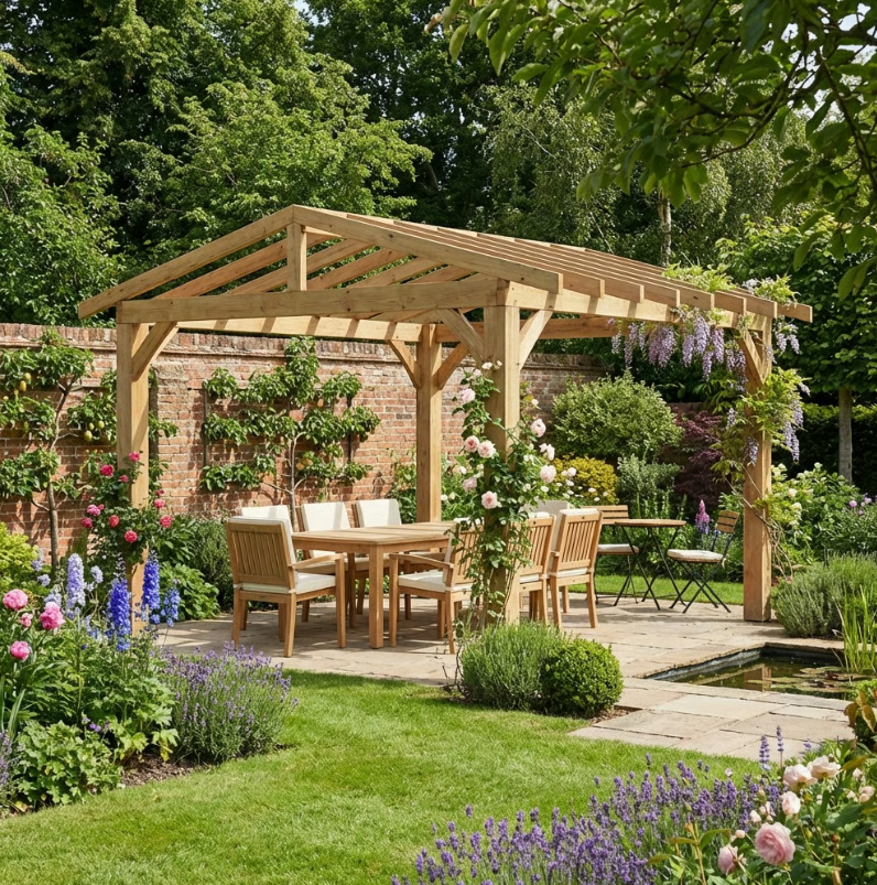 Cedar Pergola with Open Roof – No Overhang Design
