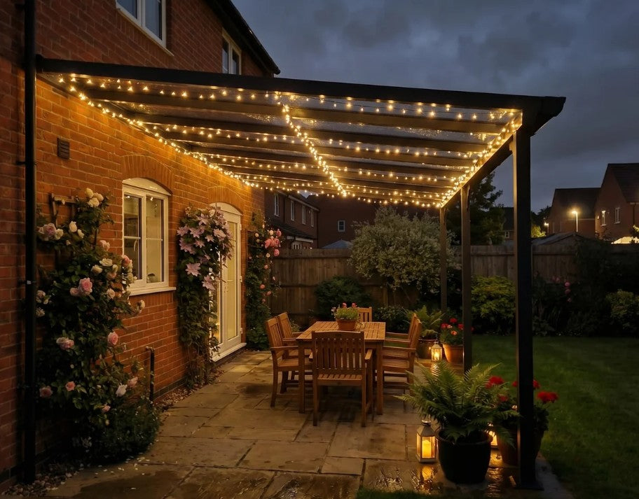 4.35m x 3m Wall Mounted Pergola with Retractable Canopy, Aluminium Frame & Polycarbonate Roof – Grey Patio Cover