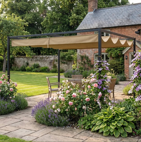 4m x 3m Metal Garden Pergola – Khaki Outdoor Shade Canopy