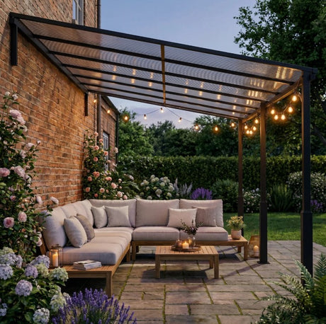 4m x 3m Wall-Mounted Lean-To Metal Pergola with Polycarbonate Hardtop Roof – Heavy Duty Aluminium Garden Gazebo, Weatherproof Patio & BBQ Shelter, Modern Brown