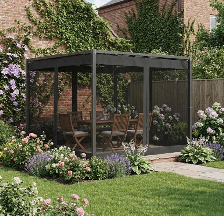 3m x 3m Aluminium Pergola – Dark Grey Retractable Canopy Roof with Mesh Curtains, Outdoor Patio Garden Shelter + Ground Fixings