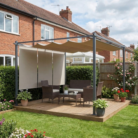 3m x 4m Metal Pergola with Retractable Roof & Roller Shade – UPF30+ Free-Standing Garden Gazebo Canopy, Outdoor Sun Shelter in Beige