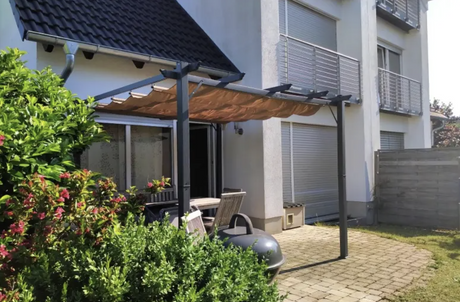 3m x 3m Aluminium Pergola – Brown Retractable Canopy Roof with Pulley System, UV & Water Resistant Garden Shade Shelter with Drainage Grommets