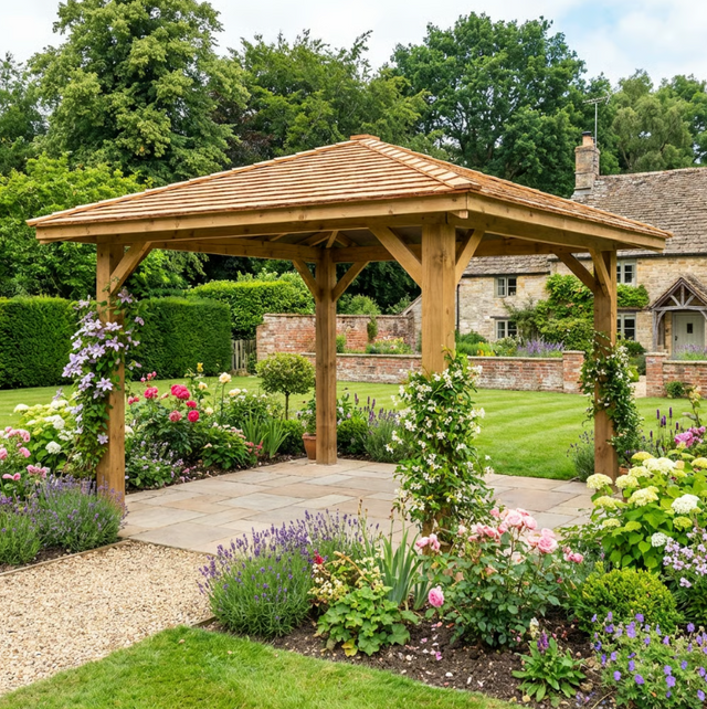Wooden 4 Pitch Gazebo with Cedar Shingle Roof – Classic Garden Shelter