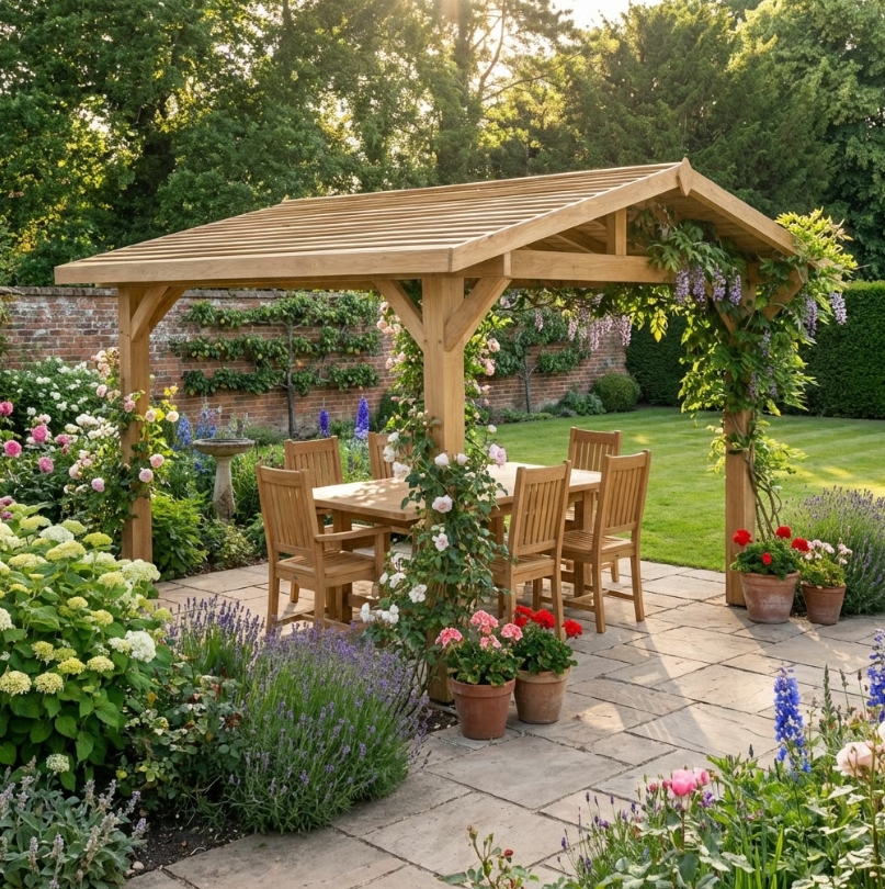 Oak Apex Gazebo with Treated Featheredge Roof and Overhang