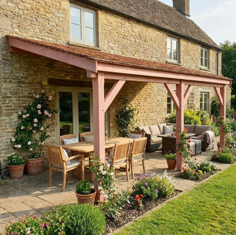 Planed Larch Lean-To Gazebo with Treated Featheredge Roof – Wall-Mounted Garden Shelter