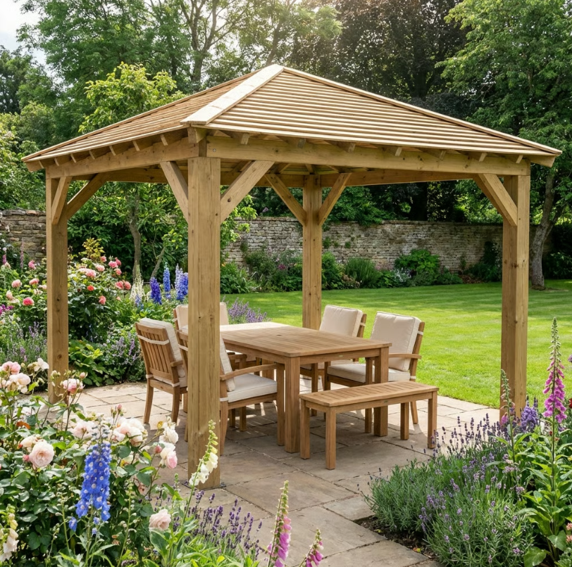 Wooden 4 Pitch Gazebo with Cedar Featheredge Roof – Classic Garden Shelter