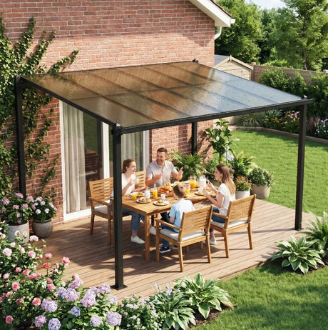 3.6m x 3m Lean-To Metal Pergola with Polycarbonate Hardtop Roof & Drainage Gutters – Aluminium Wall-Mounted Gazebo Patio Cover, Modern Outdoor Shelter, Dark Grey