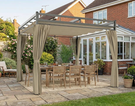 3m x 3m Beige Metal Pergola with Retractable Roof Canopy – UPF30+ Metal Garden Gazebo with Curtains, Outdoor Sun Shade Shelter in Khaki