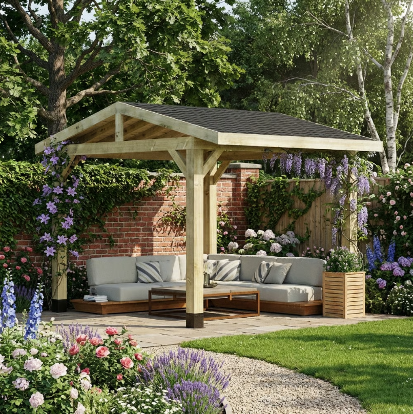 Wooden Apex Gazebo with Katepal Black Shingle Roof - Modern Weatherproof Garden Gazebo (No Overhang)