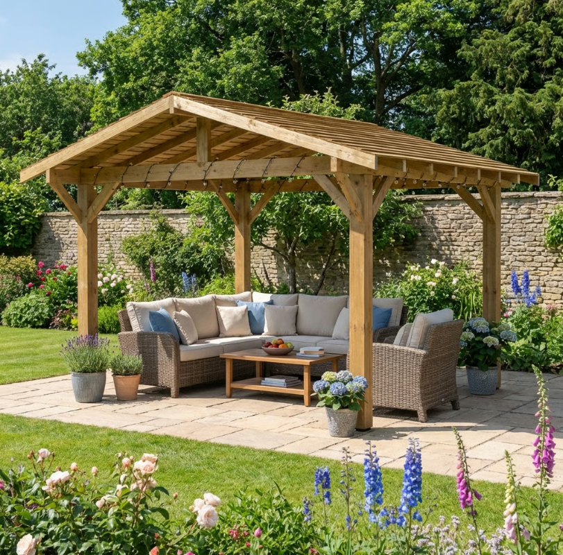 Wooden Apex Gazebo with Cedar Featheredge Roof – With Overhang Design
