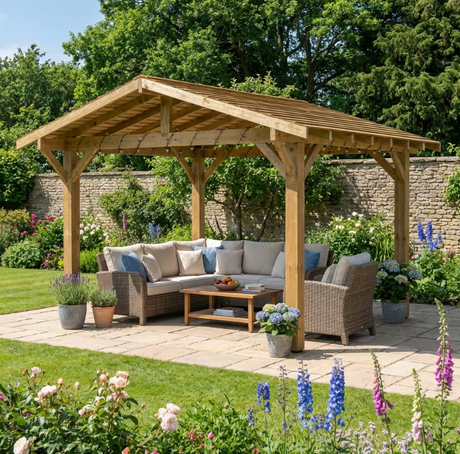 Wooden Apex Gazebo with Cedar Featheredge Roof – With Overhang Design