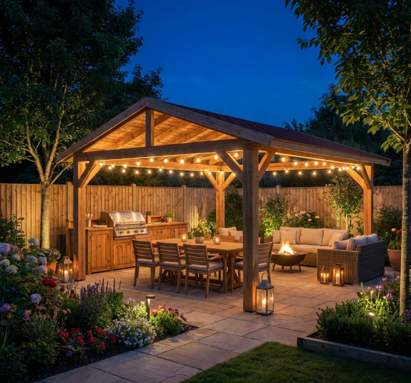 Planed Cedar Pergola with Katepal Red Shingle Roof – No Overhang Design