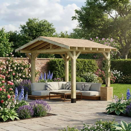 Wooden Apex Gazebo with Cedar Shingle Roof – With Overhang Design