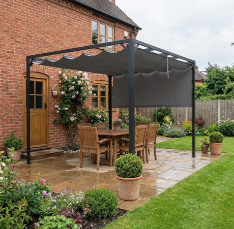 3m x 3m Aluminium Pergola – Dark Grey Retractable Roof with Side Wall, Outdoor Patio Shade Shelter
