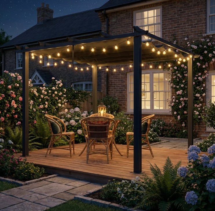 3m x 3m Aluminium Pergola – Dark Grey Retractable PU Canopy Roof with Drainage Grommets, Outdoor Patio Shade Shelter