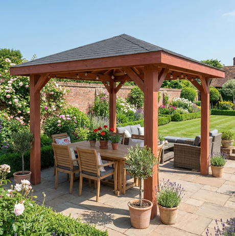 Planed Larch 4-Pitch Gazebo with Katepal Grey Shingle Roof