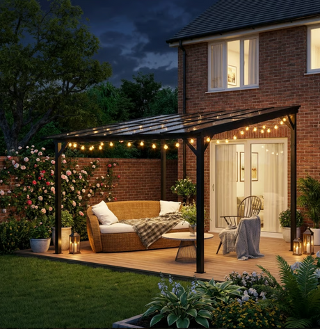 3m x 3m Metal Pergola – Dark Grey Waterproof Polycarbonate Roof UPF50+, Wall Mounted or Freestanding Garden Gazebo, Wind Resistant Sun Shelter