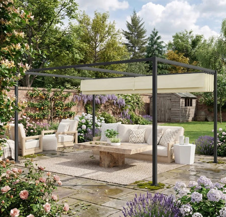 4m x 3m Metal Garden Pergola with Retractable Roof Canopy – Outdoor Gazebo Shelter for Patio & Garden, Adjustable Sun Shade, Cream White