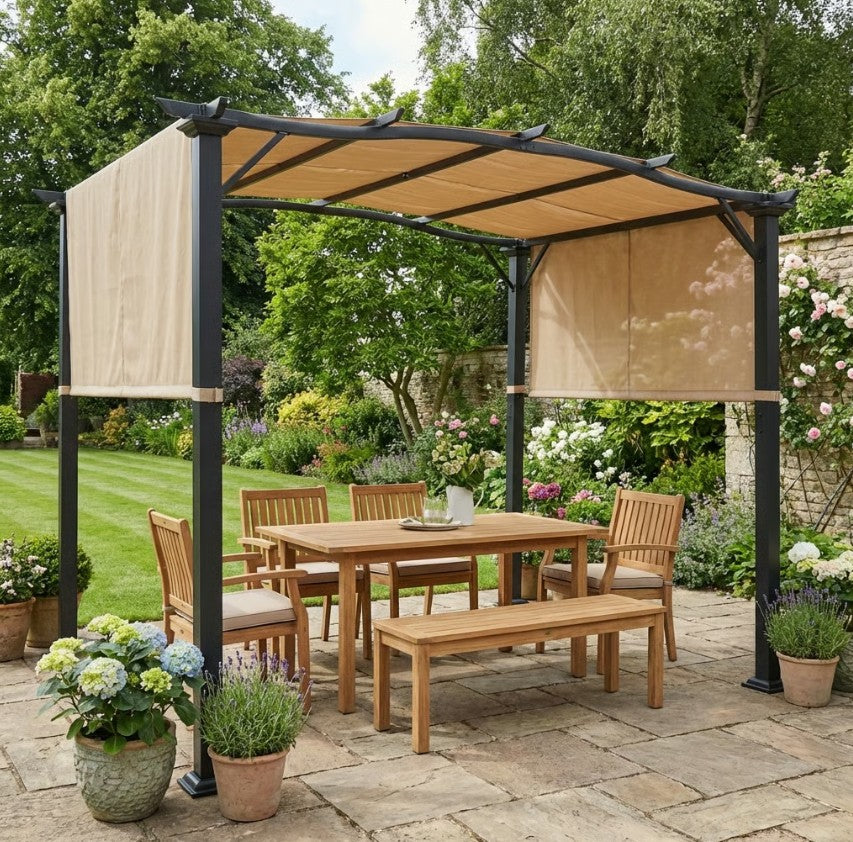 2.96m x 2.45m Steel Pergola – Khaki Retractable Double Side Canopy Roof, Adjustable Sun Shade Shelter with UV Resistant Fabric for Patio & Back Garden