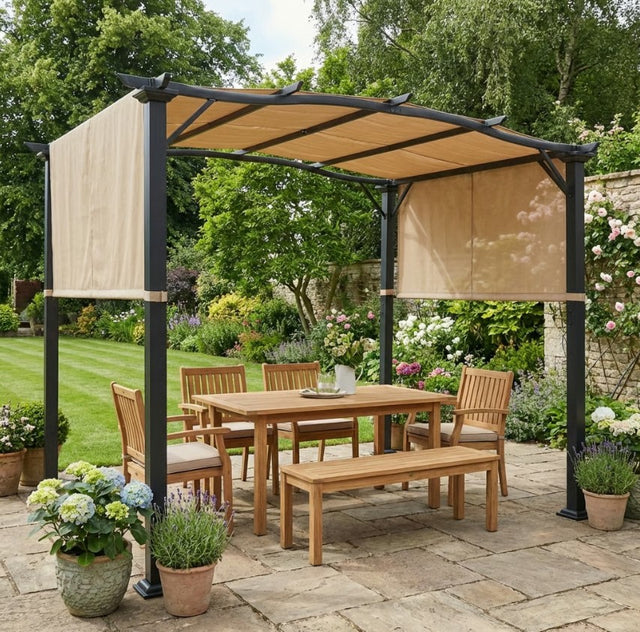2.96m x 2.45m Steel Pergola – Khaki Retractable Double Side Canopy Roof, Adjustable Sun Shade Shelter with UV Resistant Fabric for Patio & Back Garden